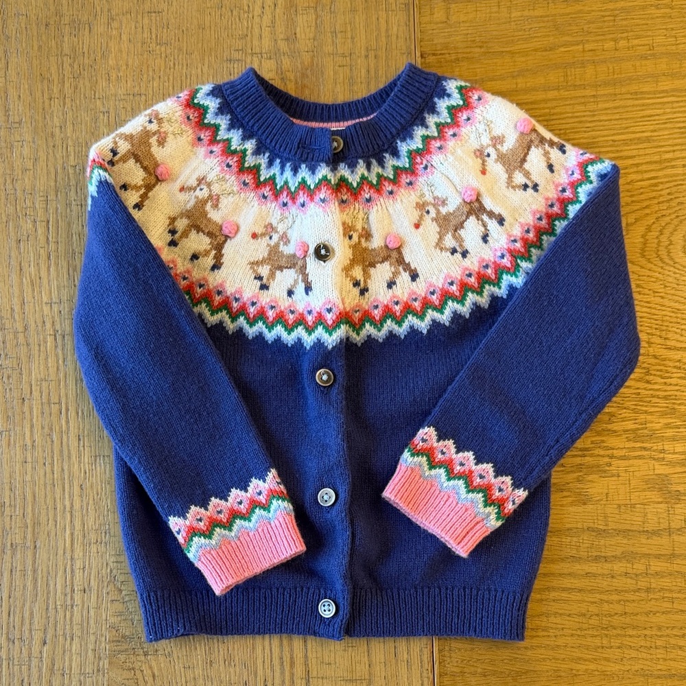 2/3T Mini Boden Girls' Navy Deer Fair Isle Cardigan EUC